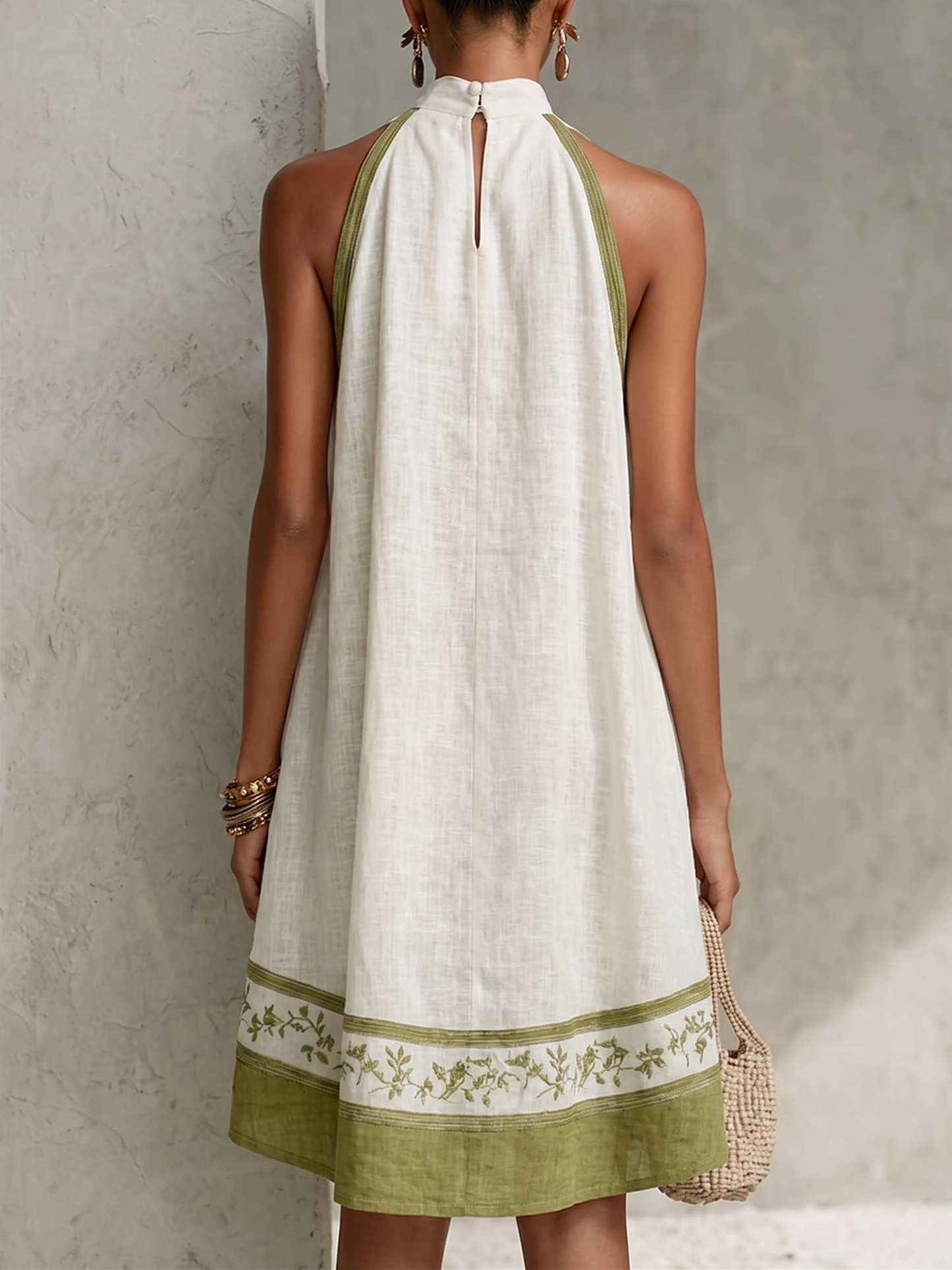 Effortless White A Line Mini Dress for Women with Halter Neck Contrast Hem