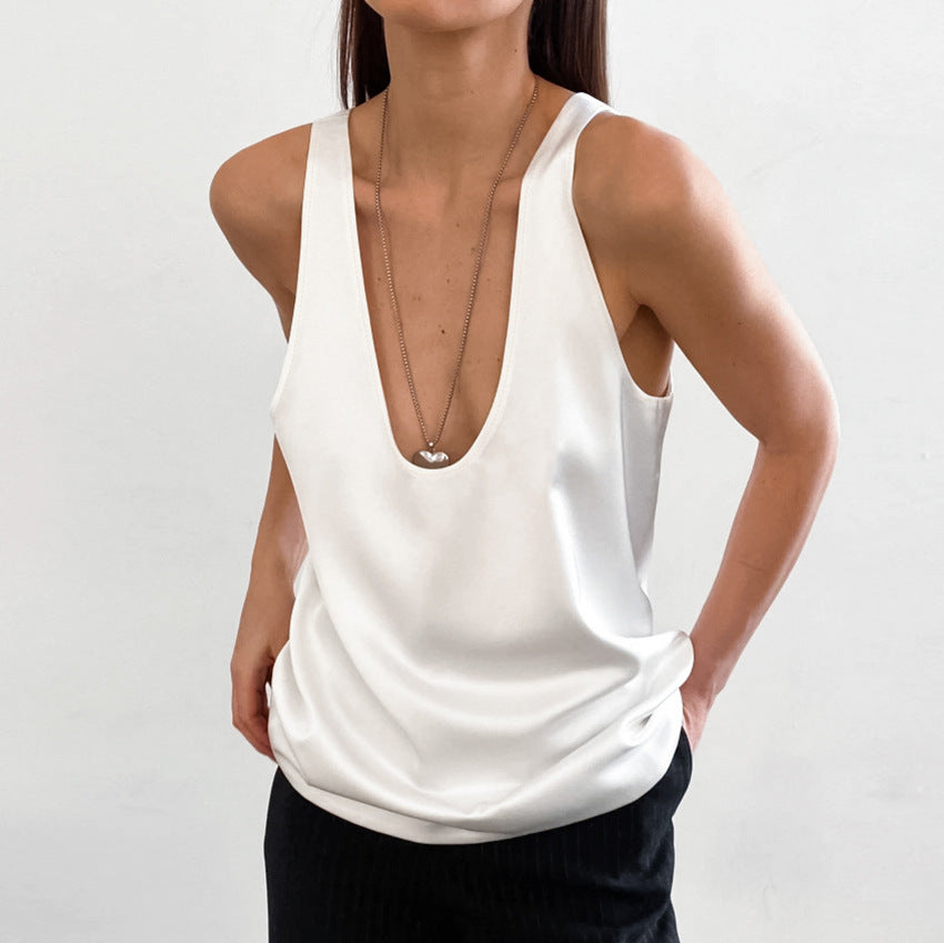 Effortless Satin Blouses for Women with Deep Scoop Neck Sleeveless Loose Fit Casual Elegant Style