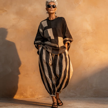 Effortless Black Multi Stripe Wide Leg Set for Women with Round Neck Long Sleeve Patchwork Relaxed Fall Style