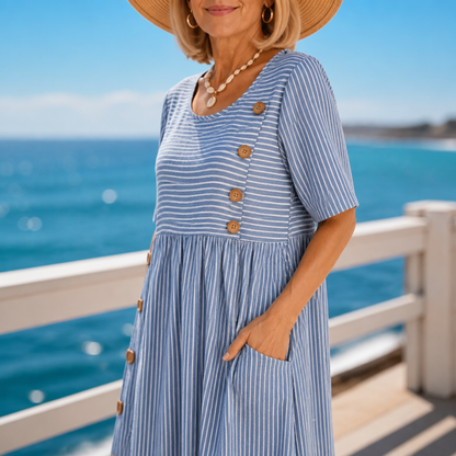 Effortless Striped Linen Midi Dress for Women with Scoop Neck Short Sleeve Button Trim Relaxed Casual Style