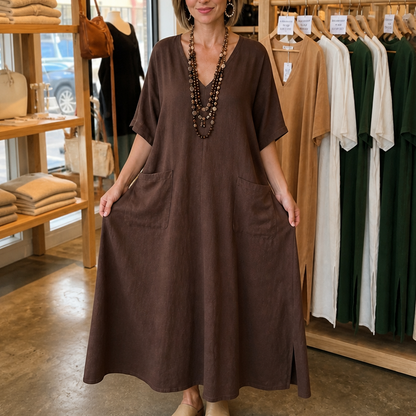 Effortless Linen Maxi Dress for Women with V Neck Half Sleeve Pocket Relaxed Style