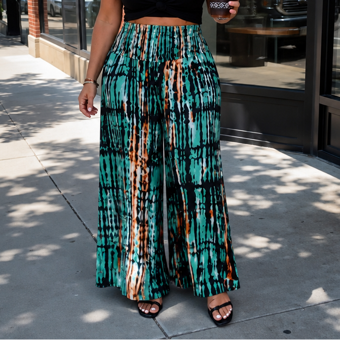 Effortless Tie Dye Wide Leg Pants for Women with Smocked High Waist Relaxed Bohemian Style