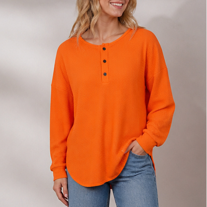 Comfortable Waffle Knit Henley Top for Women with Round Neck Long Sleeve Oversized Fall Style
