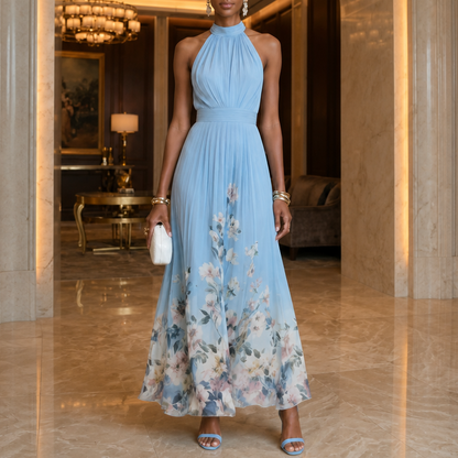 Elegant Blue Floral Maxi Dress for Women with Halter Neck Sleeveless Pleated Flowing Fall Wedding Guest Style