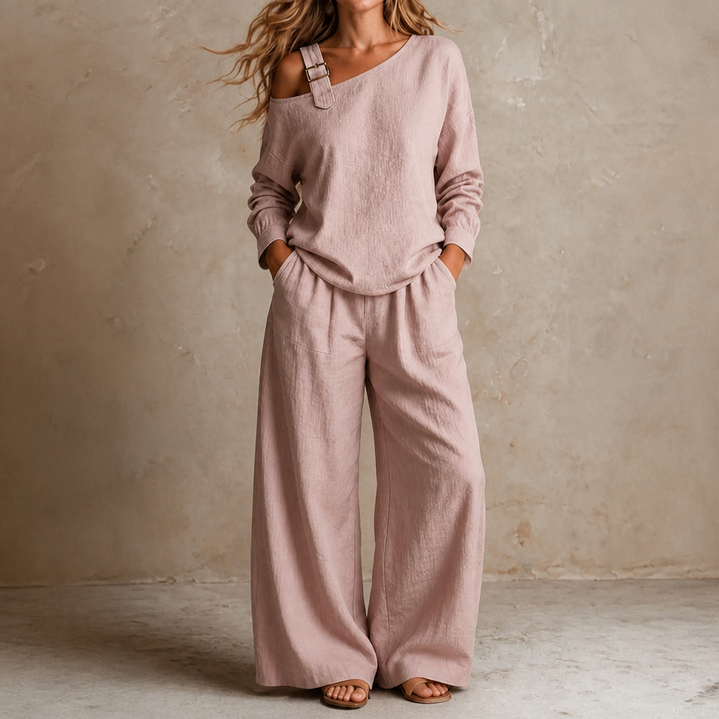 Effortless Knit Wide Leg Set for Women with Off Shoulder Long Sleeve Buckle Strap Fall Casual Style