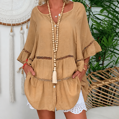 Effortless Crochet Trim Linen Mini Dress for Women with V Neck Bell Sleeve Button Front Boho Style