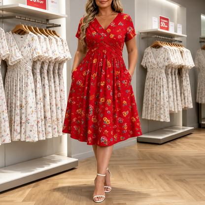 Effortless Floral Midi Dress for Women with V Neck Short Sleeve Crisscross Waist Fall Wedding Guest Style