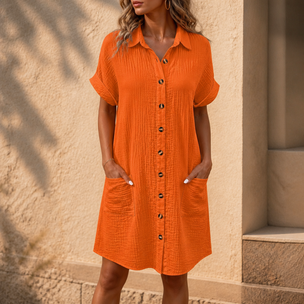 Effortless Cotton Gauze Shirt Dress for Women with Collar Short Sleeve Button Front Pocket Casual Style
