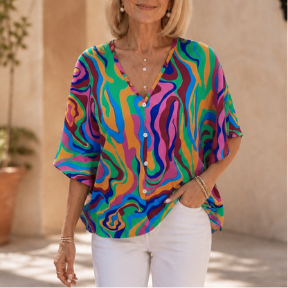 Effortless Mandala Print Poncho Blouse for Women with V Neck Batwing Sleeve Button Front Flowing Style