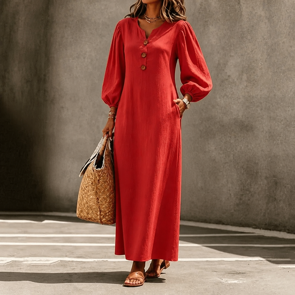 Effortless Button Front Maxi Dress for Women with Notched Neck Bishop Sleeve Flowing Fall Style