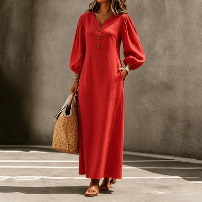Effortless Button Front Maxi Dress for Women with Notched Neck Bishop Sleeve Flowing Fall Style