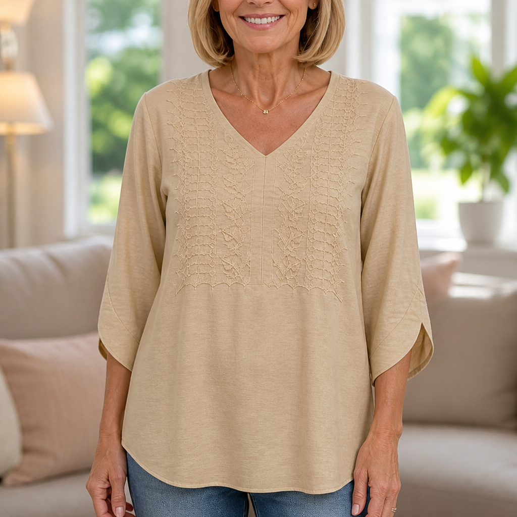 Effortless Embroidered Linen Blouse for Women with V Neck Batwing Sleeve Relaxed Tunic Style