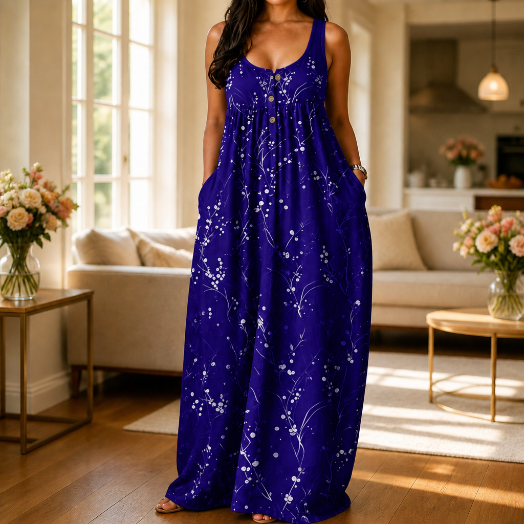 Effortless Plus Size Floral Maxi Dress for Women with Scoop Neck Sleeveless Button Front Autumn Style