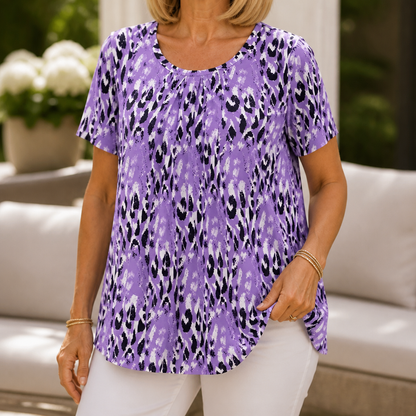 Effortless Leopard Print Blouse for Women with Round Neck Short Sleeve Pleated Fall Casual Style
