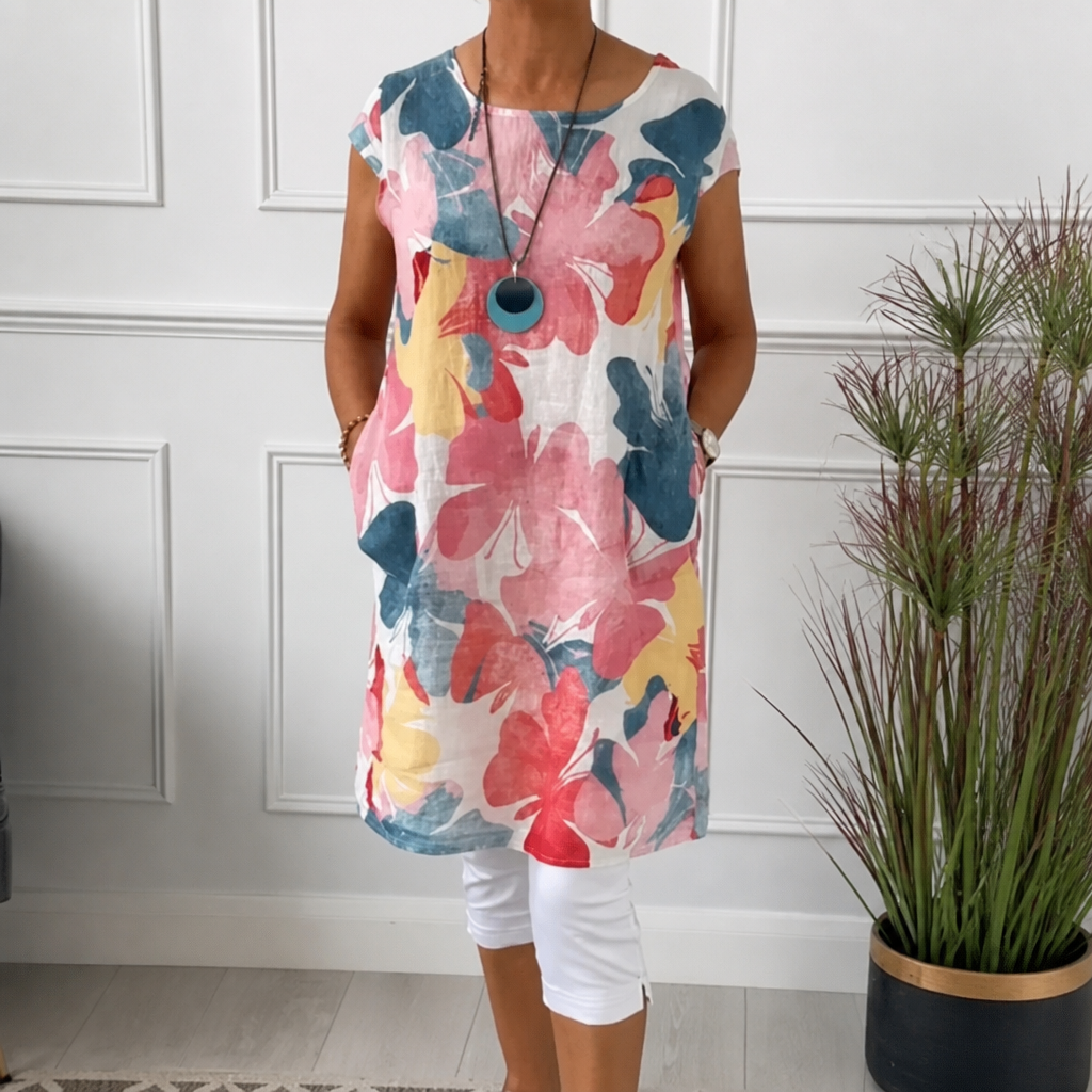 Effortless Floral Shift Dress for Women with Round Neck Cap Sleeve Relaxed Flowing Bohemian Style