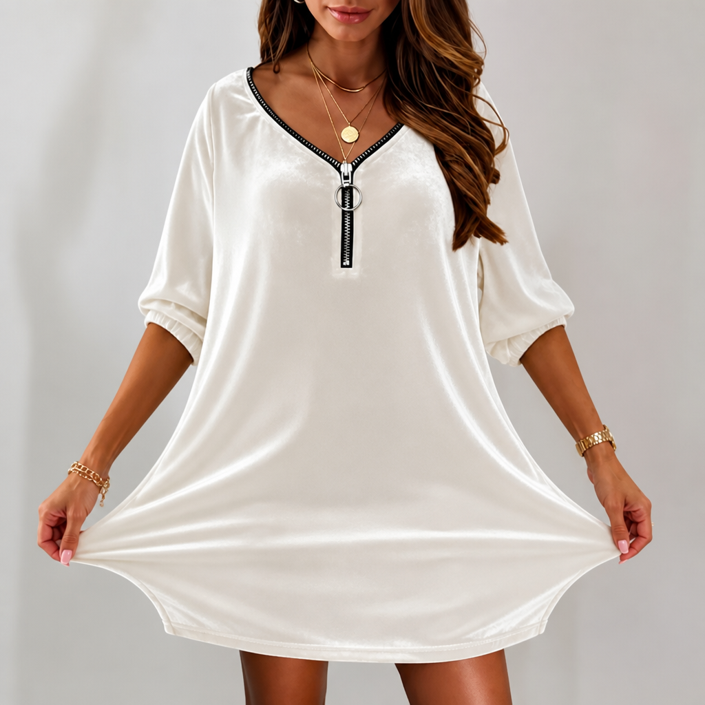 Effortless Velvet Mini Dress for Women with Zip Front V Neck Elbow Sleeve Relaxed Fall Style