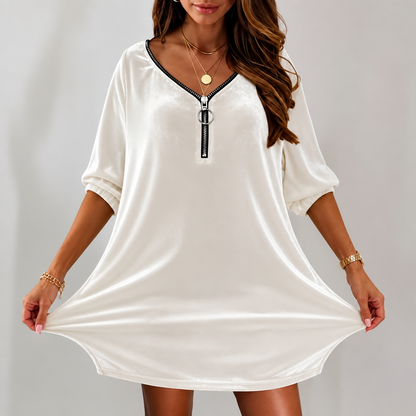 Effortless Velvet Mini Dress for Women with Zip Front V Neck Elbow Sleeve Relaxed Fall Style