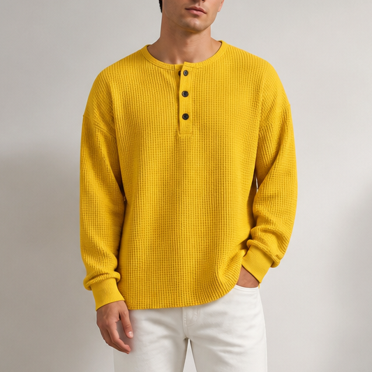 Comfortable Waffle Knit Henley Top for Women with Round Neck Long Sleeve Oversized Fall Style
