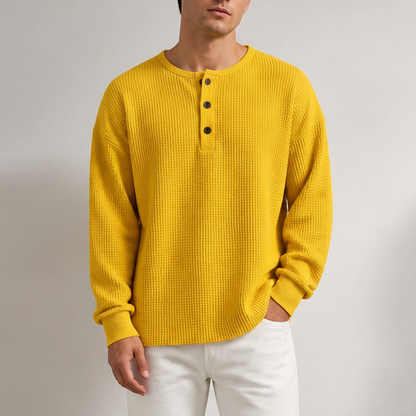 Comfortable Waffle Knit Henley Top for Women with Round Neck Long Sleeve Oversized Fall Style