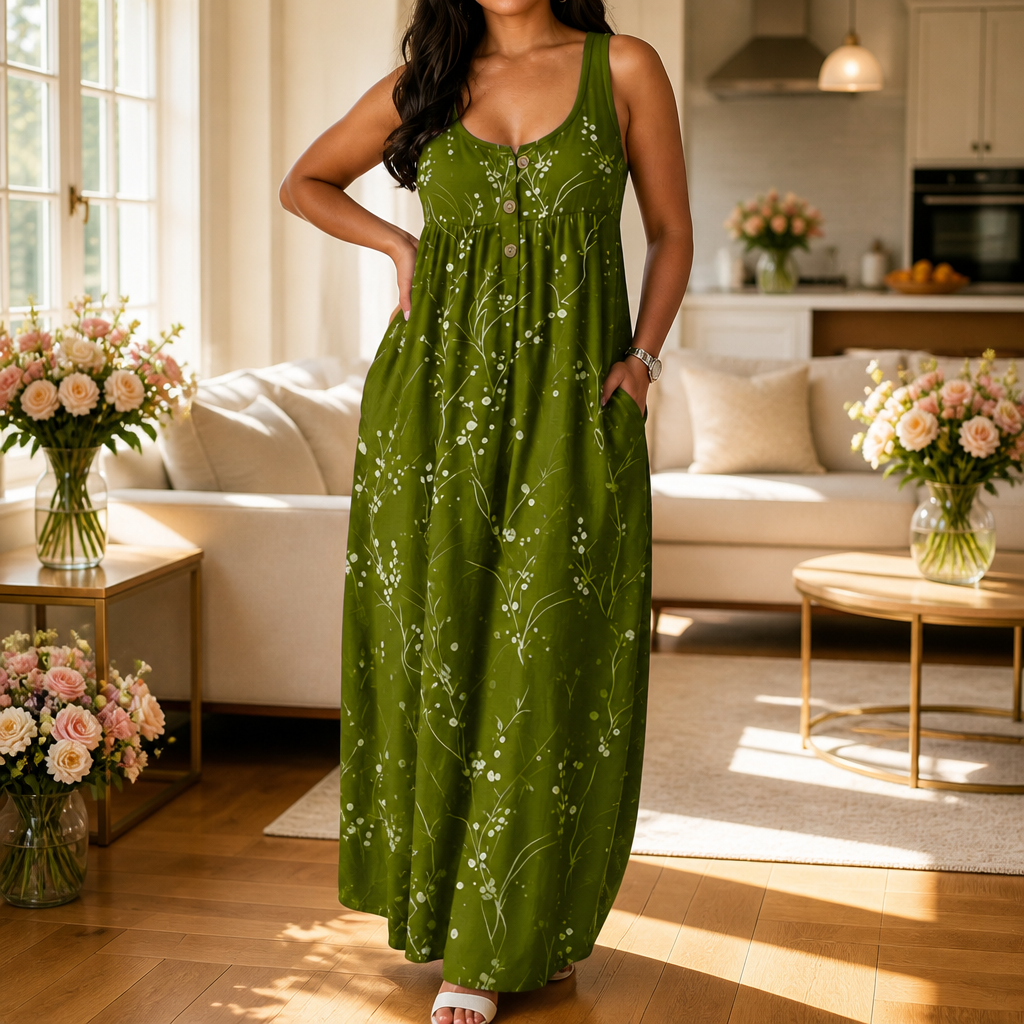 Effortless Plus Size Floral Maxi Dress for Women with Scoop Neck Sleeveless Button Front Autumn Style