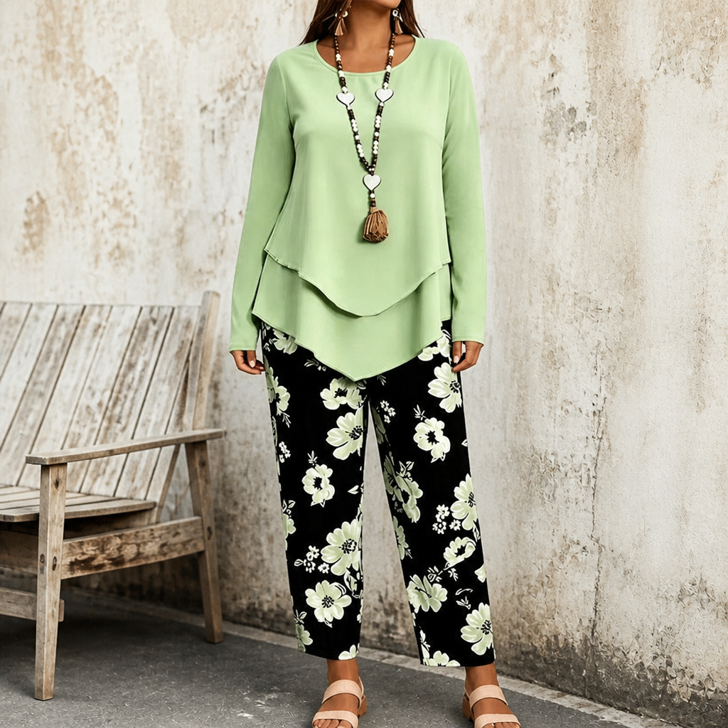 Effortless Floral Wide Leg Set for Women with Round Neck Long Sleeve Layered Hem Two Piece Style