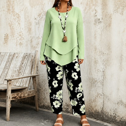 Effortless Floral Wide Leg Set for Women with Round Neck Long Sleeve Layered Hem Two Piece Style