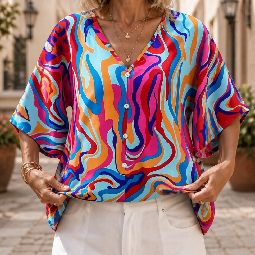 Effortless Mandala Print Poncho Blouse for Women with V Neck Batwing Sleeve Button Front Flowing Style