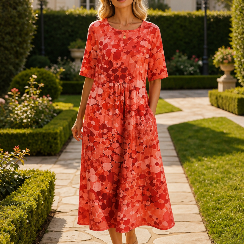 Effortless Confetti Print Midi Dress for Women with Round Neck Short Sleeve A Line Flowing Casual Style