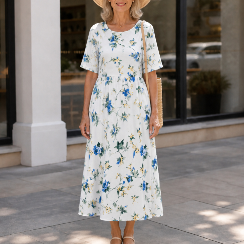 Effortless Floral Midi Dress for Women with Round Neck Elbow Sleeve Empire Waist Flowing Style