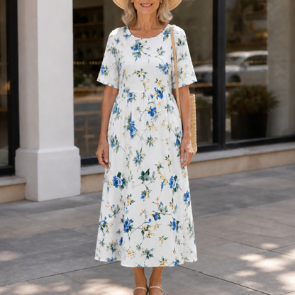 Effortless Floral Midi Dress for Women with Round Neck Elbow Sleeve Empire Waist Flowing Style