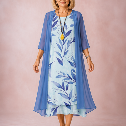 Elegant Floral Two Piece Set for Women with Open Front Chiffon Duster Sheath Dress Fall Wedding Guest Style
