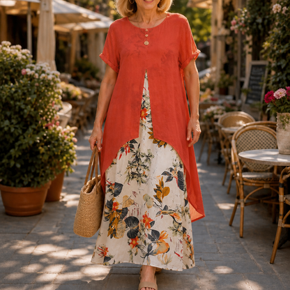 Effortless Floral Maxi Two Piece Set for Women with Round Neck Short Sleeve High Low Duster Fall Style
