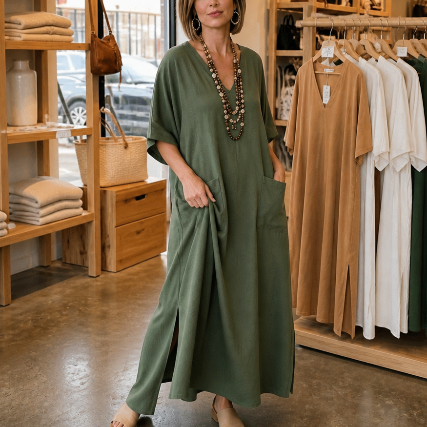 Effortless Linen Maxi Dress for Women with V Neck Half Sleeve Pocket Relaxed Style