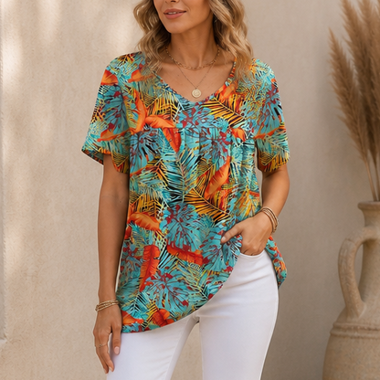 Effortless Boho Print Blouse for Women with V Neck Flutter Sleeve Relaxed Fall Style