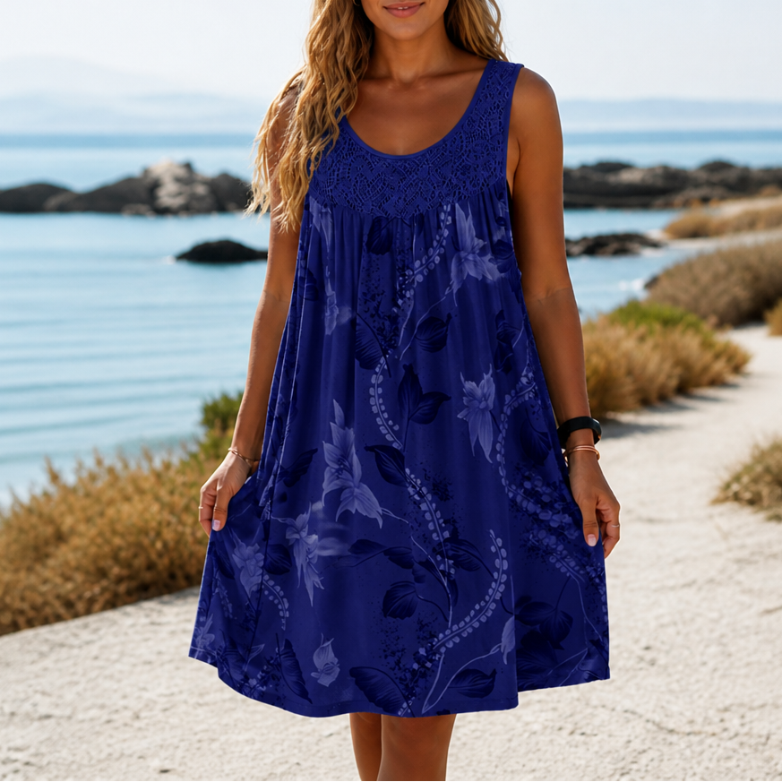 Effortless Floral Lace Mini Dress for Women with Scoop Neck Sleeveless Swing Flowy Style