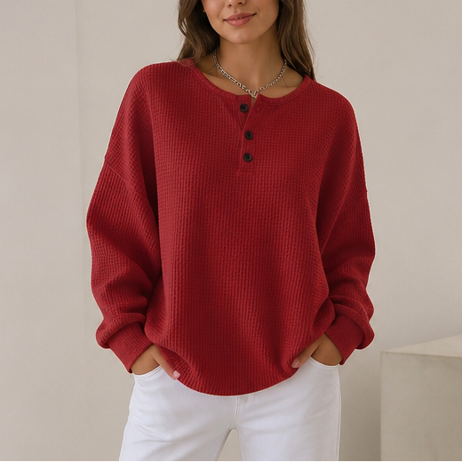 Comfortable Waffle Knit Henley Top for Women with Round Neck Long Sleeve Oversized Fall Style