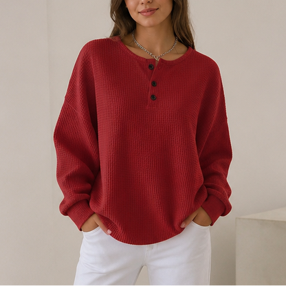 Comfortable Waffle Knit Henley Top for Women with Round Neck Long Sleeve Oversized Fall Style