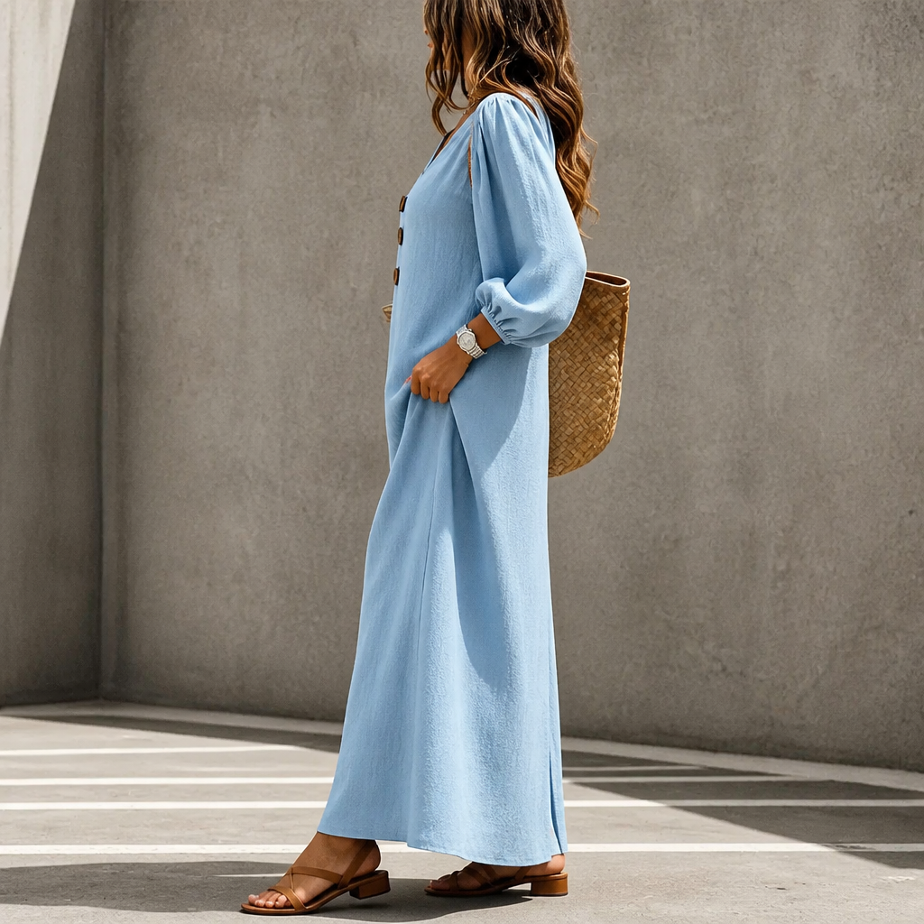 Effortless Button Front Maxi Dress for Women with Notched Neck Bishop Sleeve Flowing Fall Style