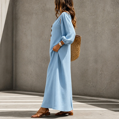 Effortless Button Front Maxi Dress for Women with Notched Neck Bishop Sleeve Flowing Fall Style
