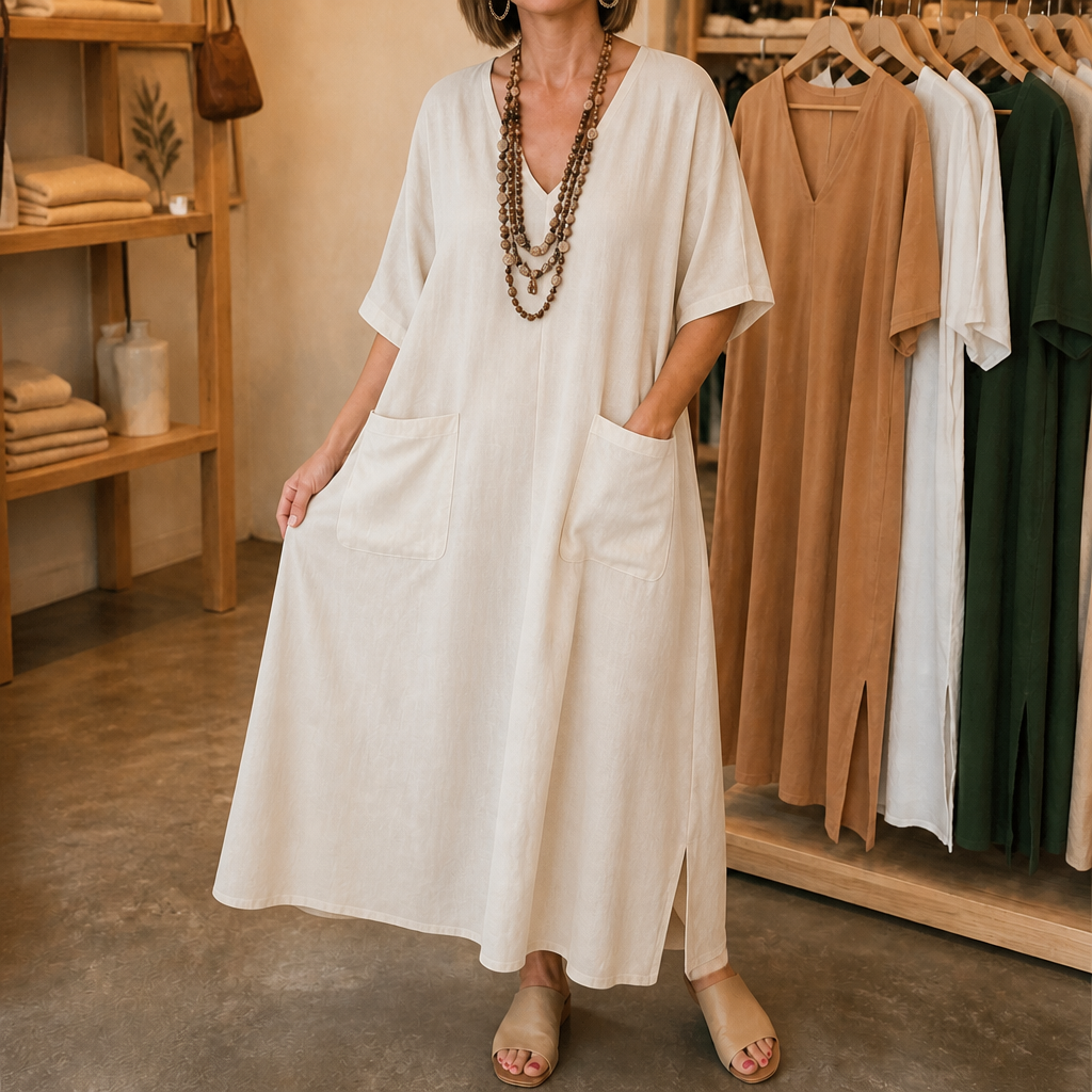 Effortless Linen Maxi Dress for Women with V Neck Half Sleeve Pocket Relaxed Style