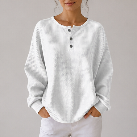 Comfortable Waffle Knit Henley Top for Women with Round Neck Long Sleeve Oversized Fall Style