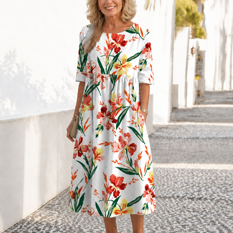 Effortless Floral Midi Dress for Women with Round Neck Elbow Sleeve Empire Waist Flowing Style