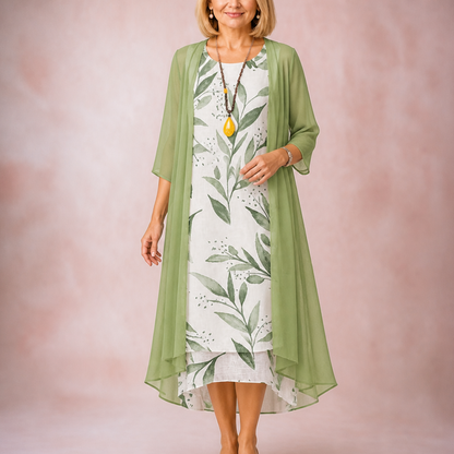 Elegant Floral Two Piece Set for Women with Open Front Chiffon Duster Sheath Dress Fall Wedding Guest Style
