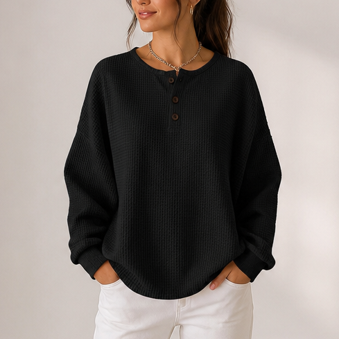 Comfortable Waffle Knit Henley Top for Women with Round Neck Long Sleeve Oversized Fall Style