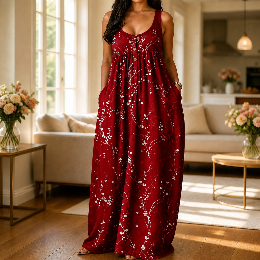 Effortless Plus Size Floral Maxi Dress for Women with Scoop Neck Sleeveless Button Front Autumn Style