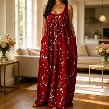 Effortless Plus Size Floral Maxi Dress for Women with Scoop Neck Sleeveless Button Front Autumn Style