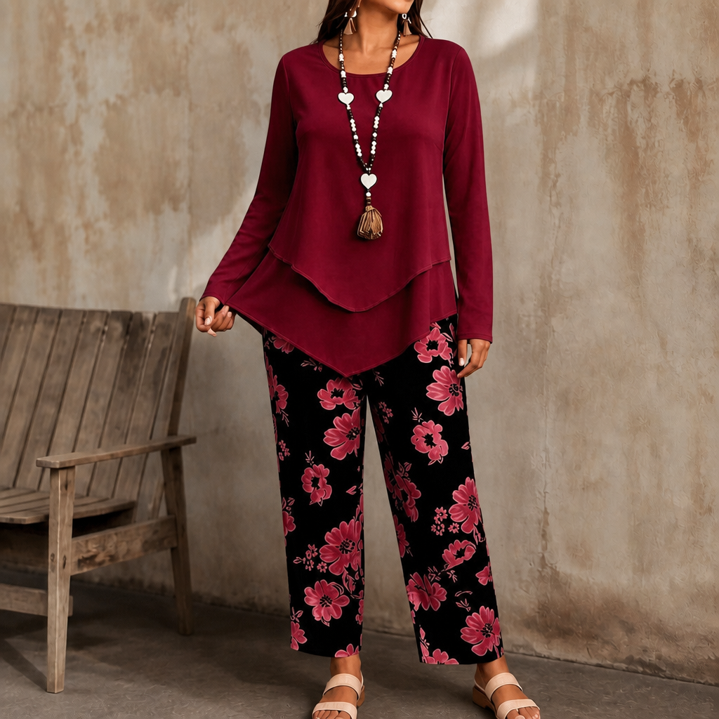 Effortless Floral Wide Leg Set for Women with Round Neck Long Sleeve Layered Hem Two Piece Style