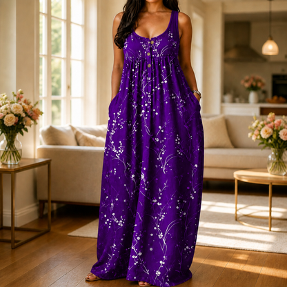 Effortless Plus Size Floral Maxi Dress for Women with Scoop Neck Sleeveless Button Front Autumn Style