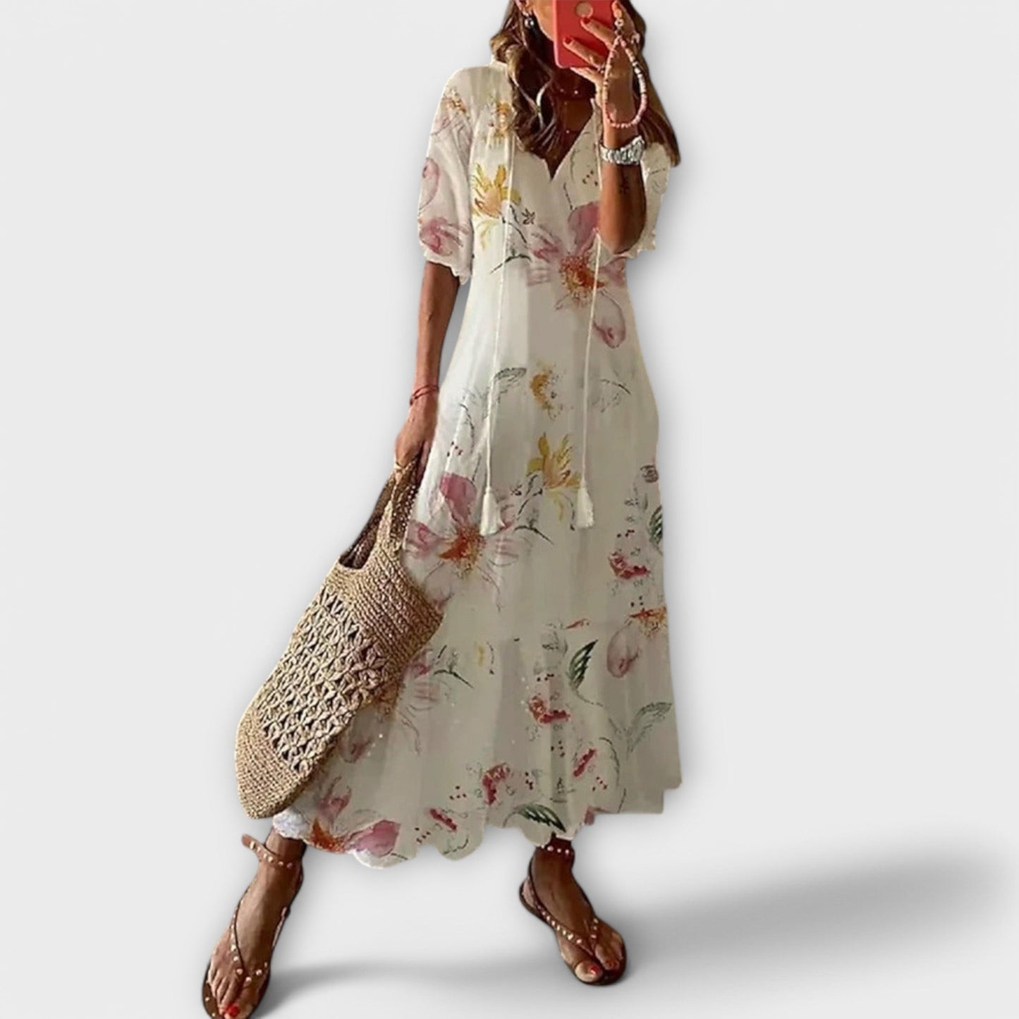 Effortless Printed Maxi Dress for Women with V Neck Short Sleeve Tassel Tie Tiered Flowing Boho Style