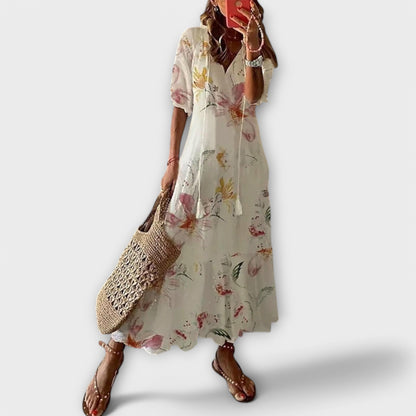 Effortless Printed Maxi Dress for Women with V Neck Short Sleeve Tassel Tie Tiered Flowing Boho Style